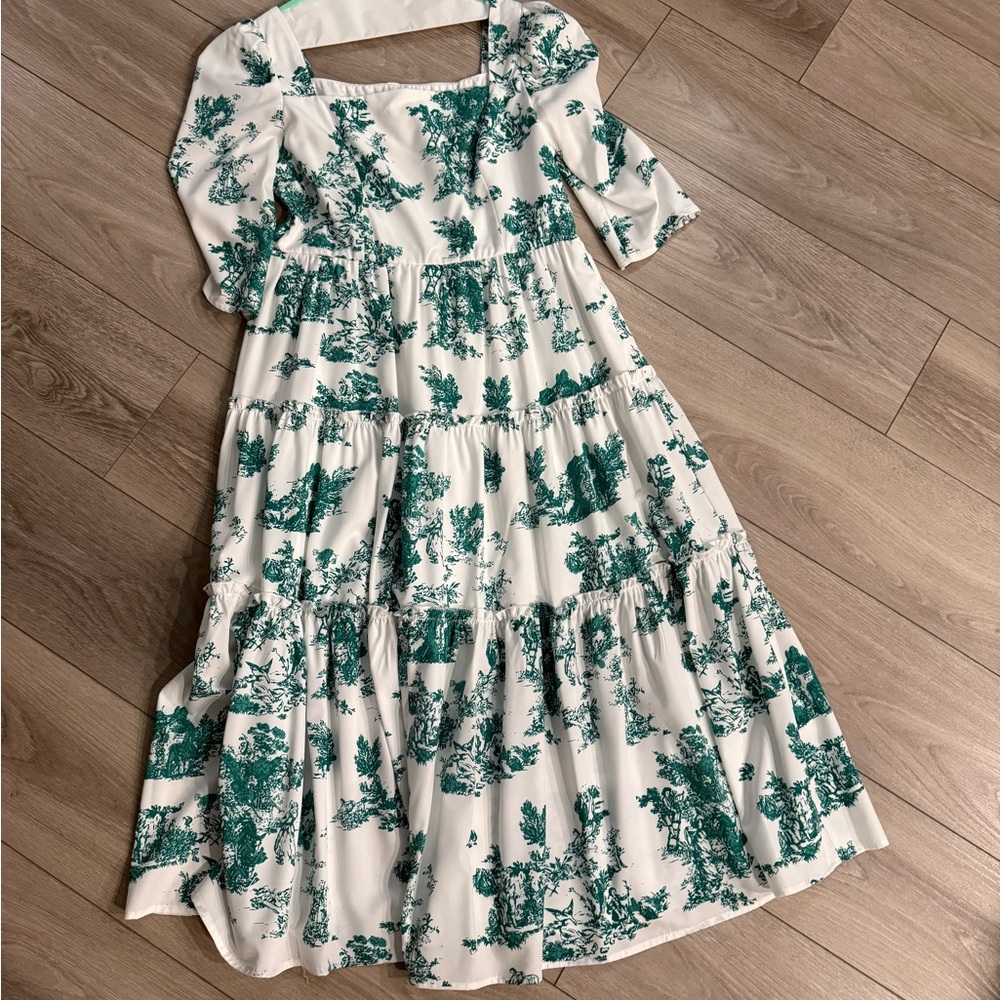 Green and White Tiered Pleated Midi Sundress